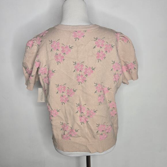 New Cottage Floral Cardigan Puff Sleeve Feminine Pink Pearl Button Women XL - Picture 3 of 12